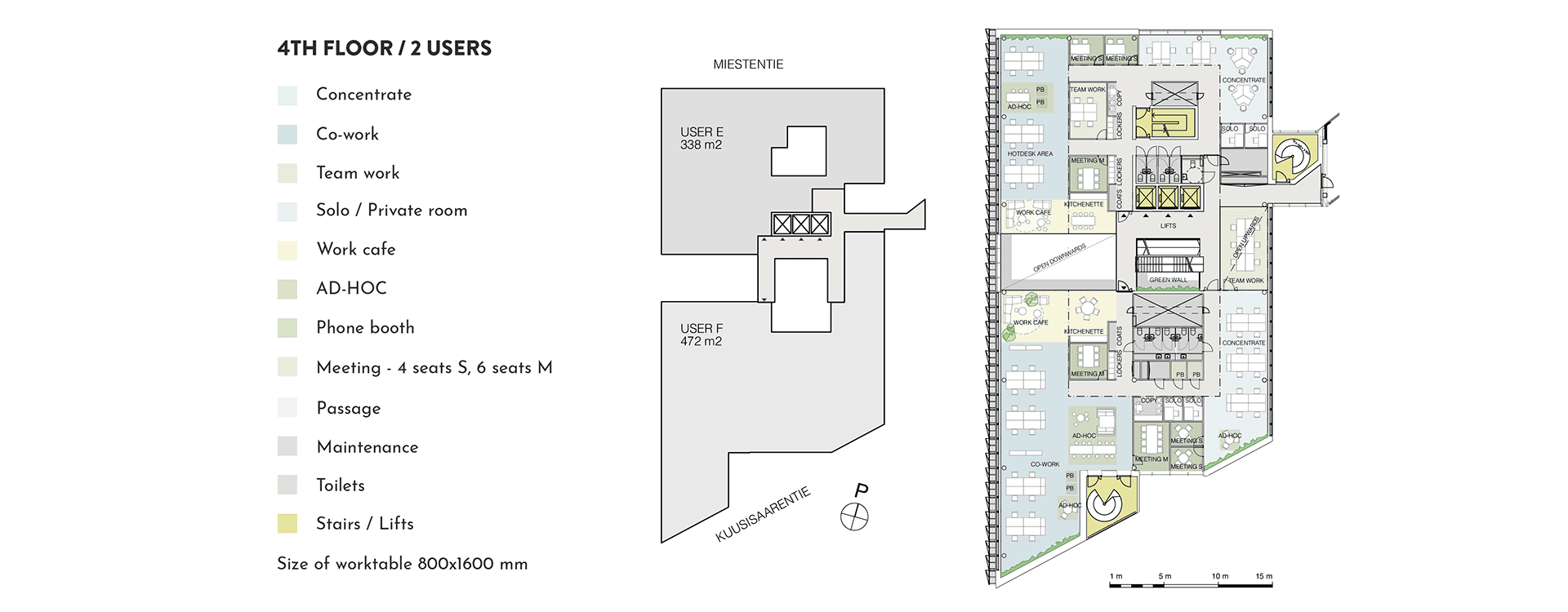 Swing House pohjapiirros monitilatoimisto, tilanjakoesimerkki kahdelle käyttäjälle, 4. krs., pinta-alat 338 m2 ja 472 m2