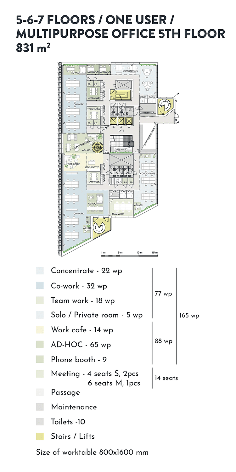 Swing House pohjapiirros monitilatoimisto yhdelle käyttäjälle, 5. krs., pinta-ala 831 m2/kerros, mobiilikuva
