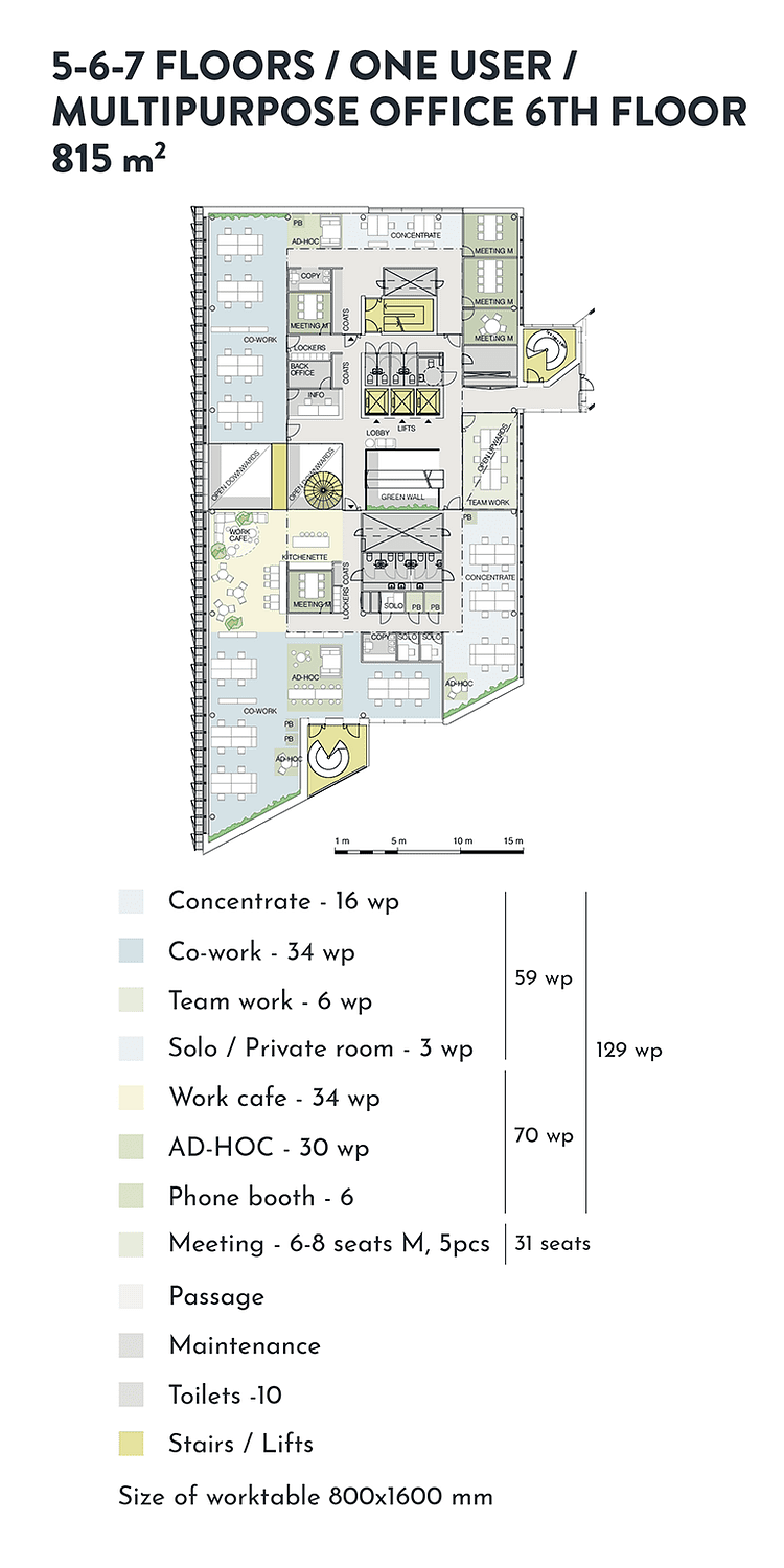 Swing House pohjapiirros monitilatoimisto yhdelle käyttäjälle, 6. krs., pinta-ala 815 m2/kerros, mobiilikuva