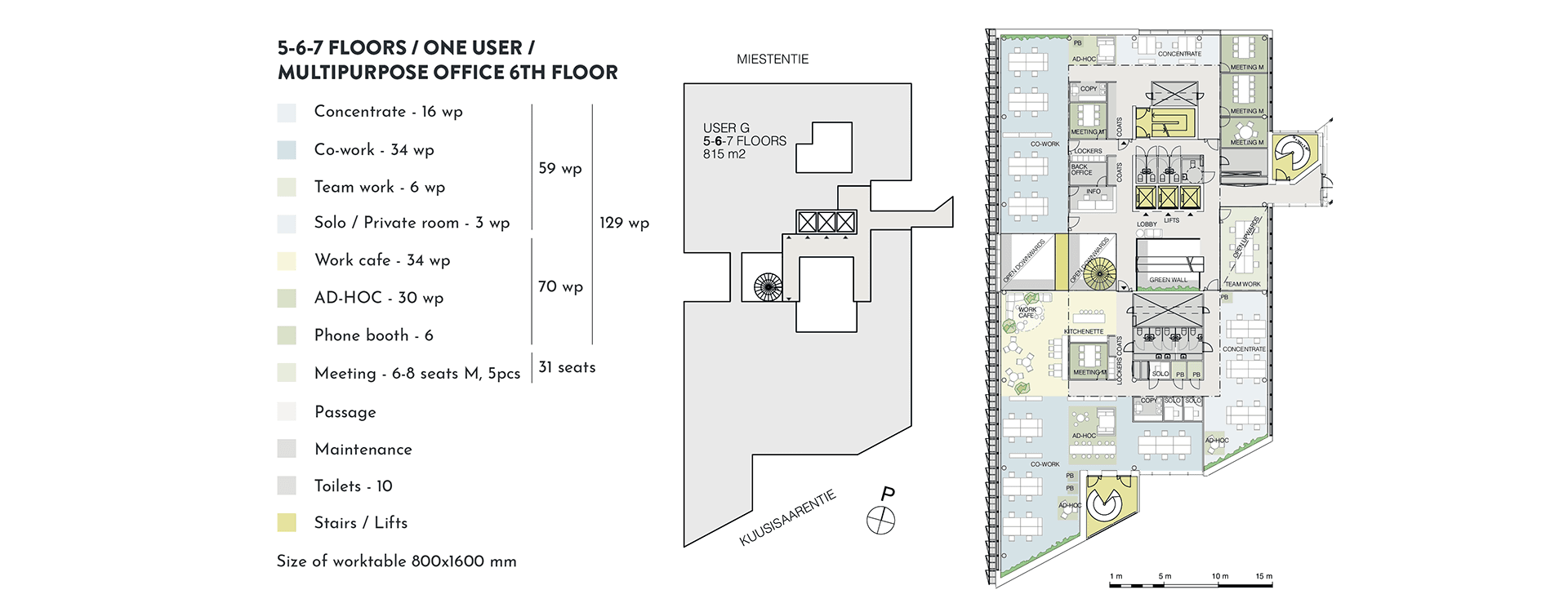 Swing House pohjapiirros monitilatoimisto yhdelle käyttäjälle, 6. krs., pinta-ala 815 m2/kerros